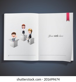 Business people with white boxes printed on book