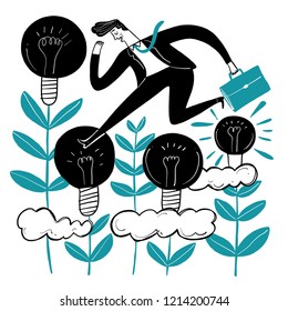 Business people who are creative. Running across the lamp metaphor of creativity. Vector illustrations in sketch doodle style.
