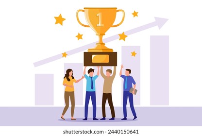 Business people winners with Golden trophy cup, symbol of victory, team celebrating victory. vector illustration.