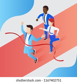 Business people winning competition isometric vector illustration. Business men and woman crossing finish line. Business, achievement, result concept. Infographic with colored background.