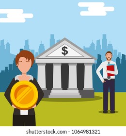 business people woman holding coin and man near bank