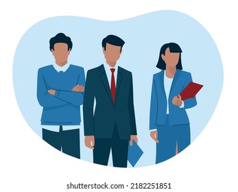 Business people. Woman and man in business suits. A representative-looking girl holds a folder in her hands. The boy folded his arms across his chest. Office staff. Vector image.