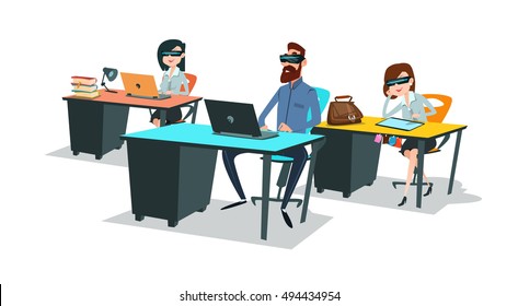 Business People Woman Sitting at Desk Working Laptop Computer Wear Virtual Reality Digital Glasses Flat Vector Illustration