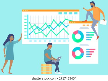 Business people at work brainstorming, analyzing statistical indicators, check report, develop sales strategy and financial growth. Template for business planning. Data analysis vector illustration