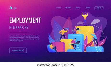 Business people work and climb the corporate ladder. Employment hierarchy, career planning, career ladder and growth concept on white background. Website vibrant violet landing web page template.