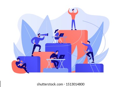 Business people work and climb the corporate ladder. Employment hierarchy, career planning, career ladder and growth concept on white background. Pink coral blue vector isolated illustration