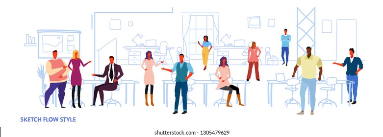 business people work in co-working office open space center interior creative workplace mix race colleagues brainstorming horizontal banner sketch flow style