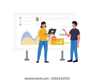 Business people work with financial charts on dashboard. Tiny analysts monitoring statistics, exchange report of stock market and control sales flat vector illustration. Finance, analytics concept