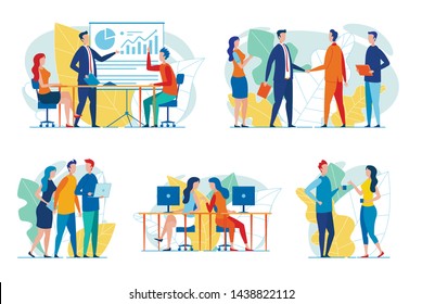 Business People at Work Flat Vector Concepts Set Isolated on White. Handshaking Businessmen, Office Colleagues Communicating at Workplace, Talking on Coffee Break, Team Conducting Meeting Illustration