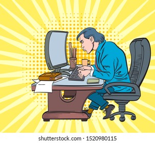 Business people work hard, typing on the keyboard, looking at the computer screen. Pop art retro vector illustration vintage kitsch