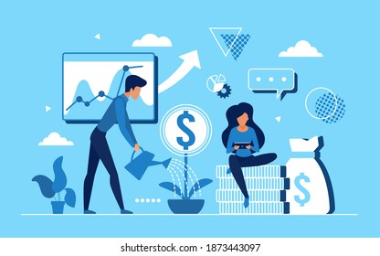 Business people work to increase income revenue vector illustration. Cartoon businessman character watering money plant in pot, employee team working on financial profit growth concept flat background