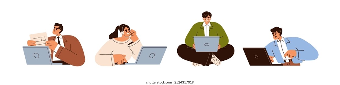 Business people work at laptop, set. Online virtual remote workers and technology, employees at notebook computer, PC during calls, typing. Flat vector illustration isolated on white background