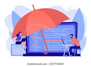 Business people work with laptops protected from internet-based risks. Cyber insurance, cyber-insurance market, cybercrime risk protection concept. Pinkish coral bluevector isolated illustration