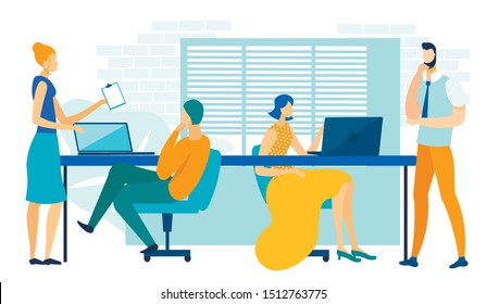 Business People Work in Modern Shared Office Flat Cartoon Vector Illustration. Men and Woman Using Laptop Discussing Projects.  