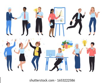 Business people work in office, cartoon characters vector illustration. Man and woman employees in different office activities, working and cooperating businessmen, successful company workers isolated