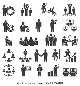 Business people in work. Office icons, conference, computer work,  team working, motivation to success