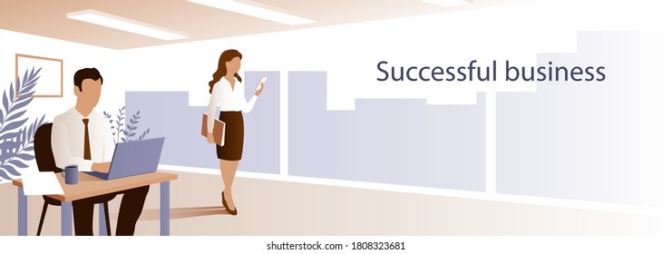 Business people work in the office. A man sits at a table with a laptop. The girl goes with documents and a smartphone. Banner with place for text. Vector illustration.