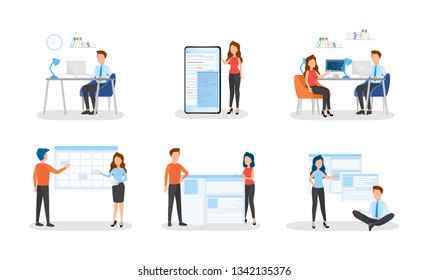 Business People Work In Office Set. Teamwork And Meeting In Conference Room, Office Routine. Colleague Chat Together. Isolated Vector Illustration In Cartoon Style