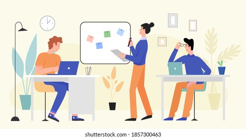 Business people work in office vector illustration. Cartoon busy businessman and businesswoman team of characters working together in modern office workplace interior, company teamwork background