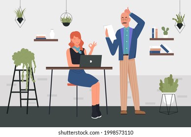 Business people work in office vector illustration. Cartoon young woman manager character showing okay gesture, sitting at table with laptop, businessman boss standing with paper document background