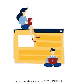 Business people work on computer around code console. Idea of freelancer and programmer. Isolated flat vector illustration