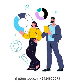 Business people work on decision desk, colleagues discuss and make important financial decisions. Effective teamwork and collaboration, business partnerships and teamwork, flat vector isolated.