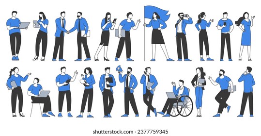 Business people in work process flat design Memphis style men and women vector character set.