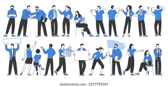 Business people in work process flat design Memphis style men and women vector character set.