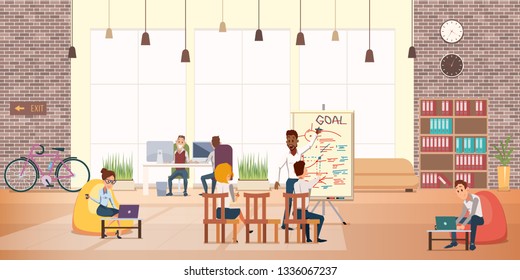 Business People Work Rest in Modern Office Area. Creative Group. Coworking Center Interior with Window. Furniture, Modern Device. Flip Board Presentation. Flat Cartoon Vector Illustration