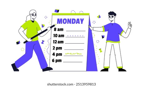 Business people work schedule planning. Characters planning productive work schedule flat vector illustration. Work schedule organizing