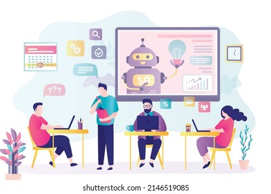 Business people work in team with artificial intelligence. Robot helps busy employees calculate statistics. Modern office room interior. Concept of collaboration with cyborg. Flat vector illustration