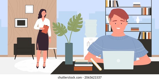 Business people work at team vector illustration. Cartoon male employee or boss character working at laptop, female secretary standing behind with paper documents in modern office interior background