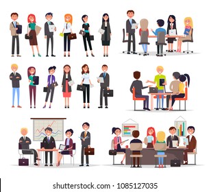 Business people work in teams and create projects. Colleagues gether at meeting or conference around tables with presentations vector illustrations.