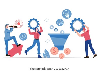 Business people work together, flat cartoon vector illustration isolated on white background. Finance and commerce, business activity. Teamwork and SMM management.