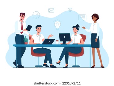 Business people work together in the office, discuss ideas for a project. Vector illustration of teamwork, brainstorming. Team of office employees. flat style, isolated background