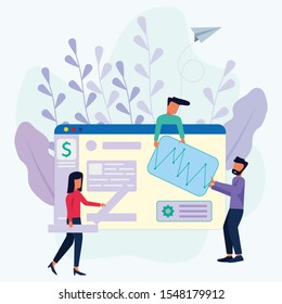 Business people work together as a team to build their business, hand in hand and happy. Financial consultants, reliable business people. Flowers and plants. Vector flat illustration 