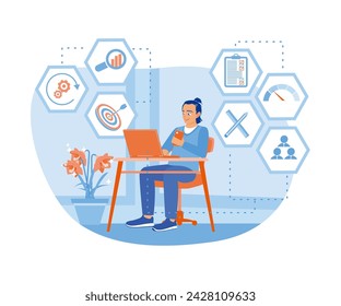 Geschäftsleute arbeiten mit Laptops und Handys mit Benchmarking-Symbolen auf dem Bildschirm. Benchmarking-Konzept. flache Vektor moderne Illustration 