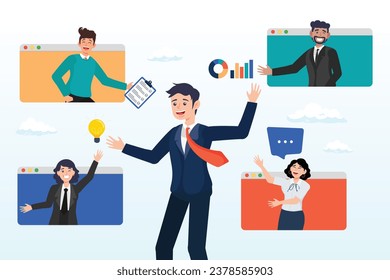 Business people work virtually together collaborate for success, vendor, third party or outsourcing, work with client or colleagues virtually, contractors or supplier, provider or partner (Vector)
