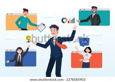 Business people work virtually together collaborate for success, vendor, third party or outsourcing, work with client or colleagues virtually, contractors or supplier, provider or partner (Vector)