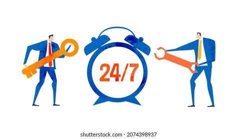 Business people working 24x7.  Support and help, Economy, finance industry, research, advisory, analysing data. Business concept  illustration 