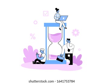 Business people working around big hourglass. Time management, deadline concept Cartoon style flat vector illustration. Isolated on white background.
