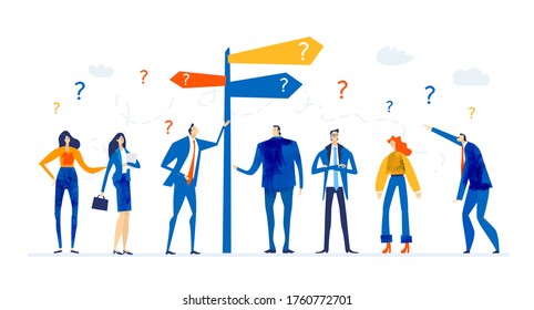 Business people working around direction post. Finding solution, working together, risk and support idea.