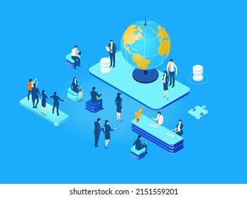 Business People Working Around The Globe.  Data Centre, International Business, Communications, Receiving And Analysing Information, Making Decisions. Big Data Concept. Isometric 3D Illustration