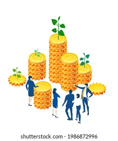 Business people working around golden coins stacks, finance, banking, investment strategy concept. Isometric 3D business environment. Business management infographic. Isometric working space