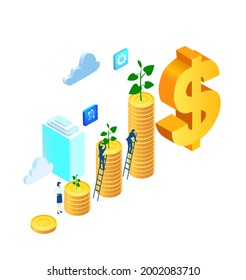 Business people working around golden coins, finance, banking, investment strategy concept. Isometric 3D business environment. Business management, savings, advising, stock market games idea