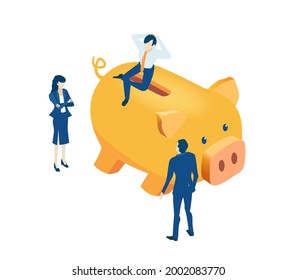 Business people working around golden pig, finance, banking, investment strategy concept. Isometric 3D business environment. Business management, savings, advising, stock market games idea