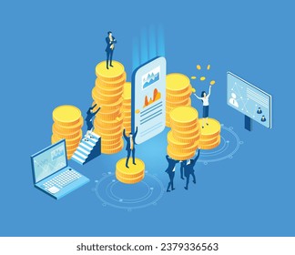 Business people working around golden coins, finance, banking, investment strategy concept. Isometric environment. Business management, savings, advising, stock market games idea