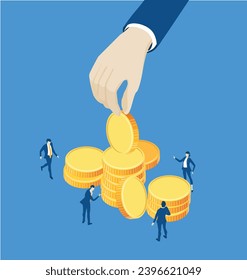 Business people working around golden dollar sign in labyrinth isometric business environment. Economy, finance, banking concept 
