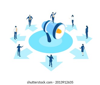 Business people working around megaphone, discussing the deal. Isometric iconographic of business working space with people, business concept illustration