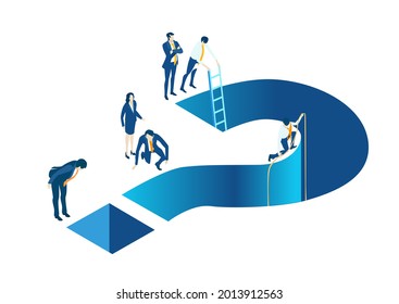 Business people working around question mark, helping each other to solve the problems, supporting and working together. Isometric iconographic of business working space with people, business concept